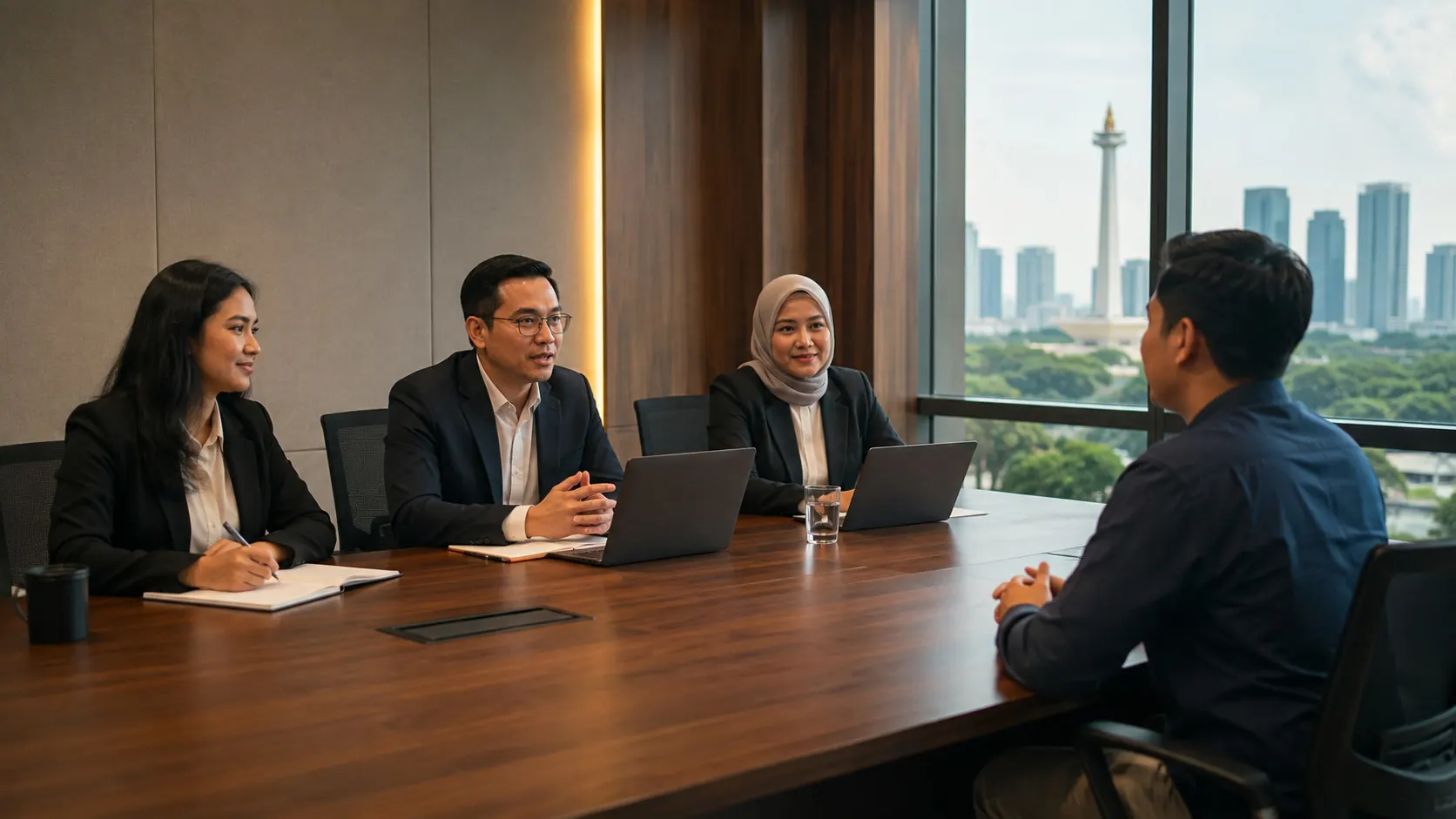 Seorang kandidat menghadapi tiga anggota panel interview di ruang meeting Jakarta dengan meja untuk kontak mata dan pencatatan