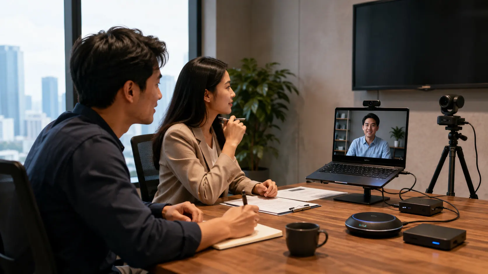 Dua pewawancara melakukan video interview melalui laptop dengan kamera, speaker konferensi, dan perangkat cadangan